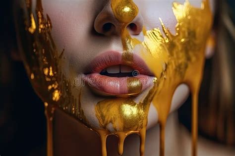 Paint Drips From The Lips Golden Liquid Drops On Beautiful Model Girl S Mouth Creative