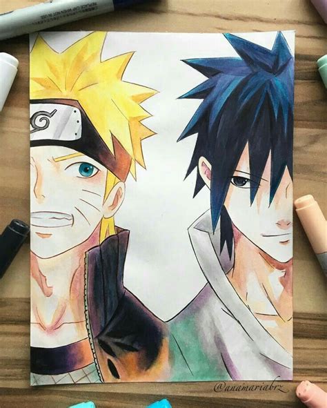 Two Anime Characters Drawn In Colored Pencils Next To Markers And