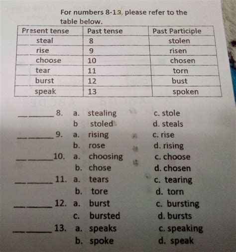 For Numbers 8 13 Please Refer To The Table Below Present Tense Past