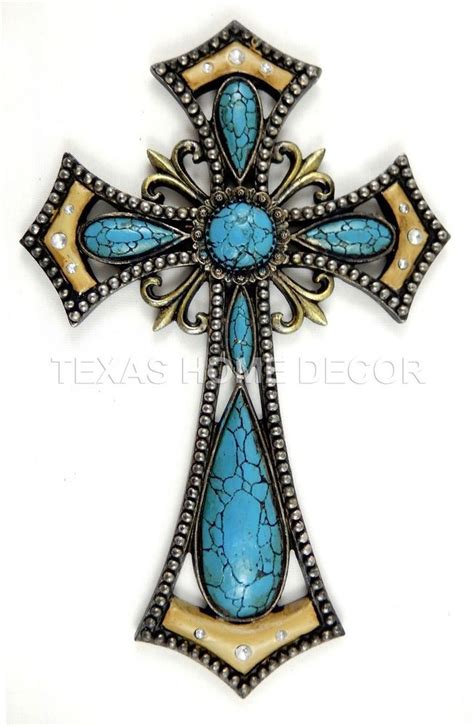 Turquoise Fleur De lis Decorative Wall Cross Rhinestones ...