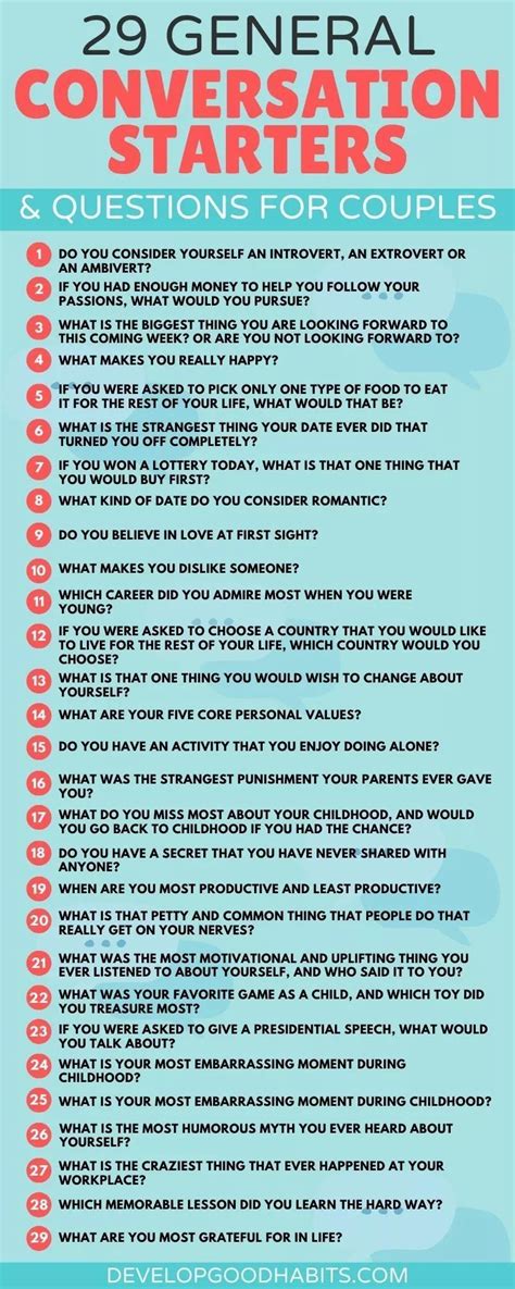 A Blue Poster With The Words 29 General Conversation Starters And Questions For Couples On It