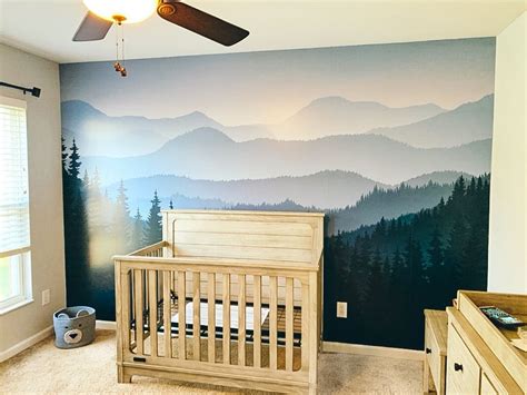 Ombre Blue Mountain Pine Forest Trees Removable Muralwallpaper Mural