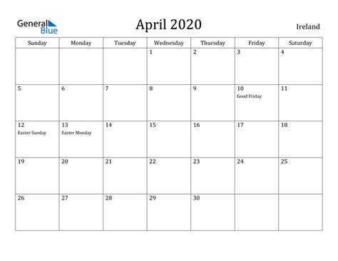 Ireland April 2020 Calendar With Holidays