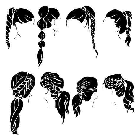 Set Of Silhouettes Of Womens Hairstyles With Braids And Tails Stylish Hairstyles For Long And