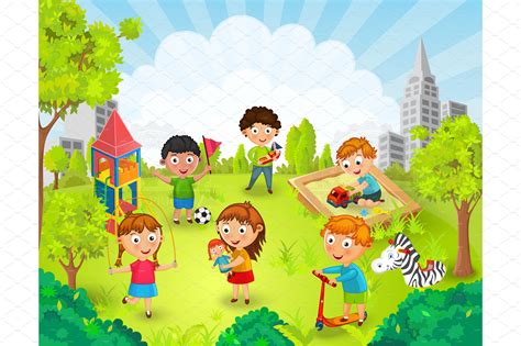 Children Playing In The Park Vector Education Illustrations