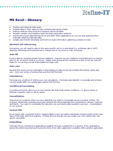 Ms Excel Glossary Microsoft Excel Areas Of Computer Science