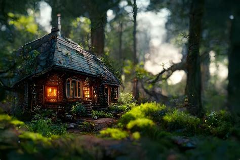 Premium Photo A Cottage In Magic Green Forest Fantasy Artwork With