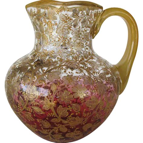 Moser Signed Cranberry Glass With Gilt Pitcher Circa1880 Its Clear At Top Down To Cranberry