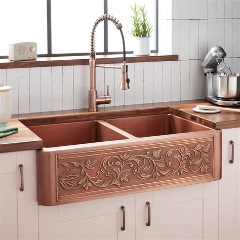36 Vine Design Double Bowl Copper Farmhouse Sink Signature Hardware