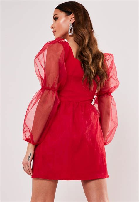 Red Organza Puff Sleeve Skater Dress Missguided Ireland