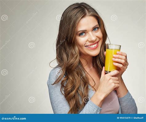 woman face portrait with orange juice glass stock image image of adult beautiful 99415479