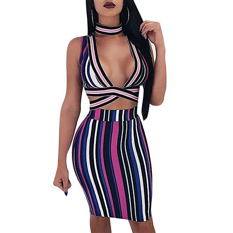 Sexy Women Striped Dress Halter Deep V Neck Sleeveless Print Dresses Female Two Piece Set