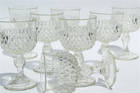 Vintage Indiana Glass Wine Or Water Glasses Crystal Clear Diamond Point Goblets