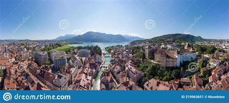 Annecy City Center Panoramic Aerial View With The Old Town Castle