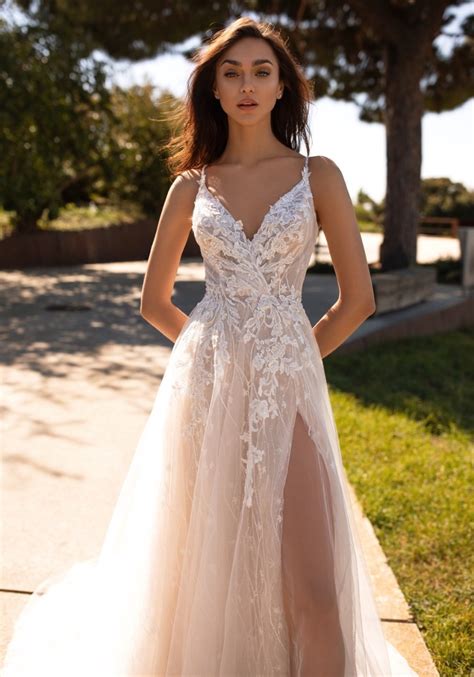 Pronovias Hyperion High Slit Flowing Wedding Dress With Straps Designer Bridal Room