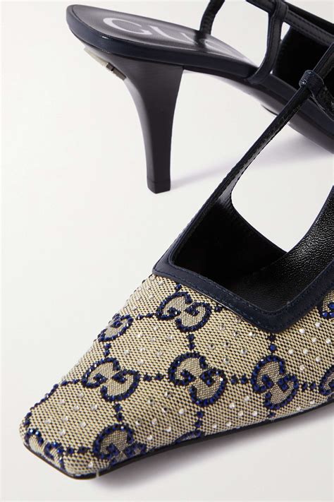 Gucci Demi Crystal Embellished Canvas Jacquard And Leather Slingback