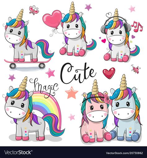 Set Cute Cartoon Unicorns Royalty Free Vector Image