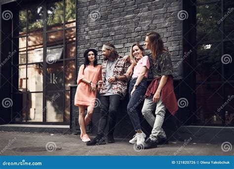 Happy Comrades Communicating At Street Stock Photo Image Of Outside