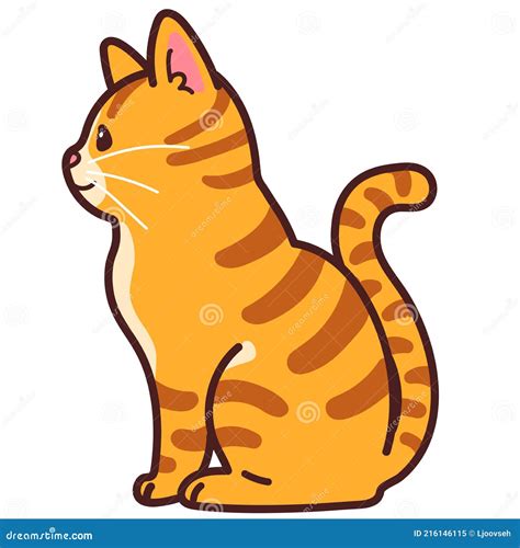 Simple And Adorable Orange Tabby Cat Sitting In Side View Outlined Stock Vector Illustration