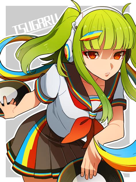 safebooru 1girl beatmania beatmania iidx green hair hair ornament hairclip headphones