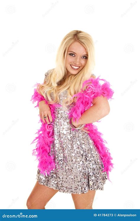 Woman Silver Dress Pink Boa Smile Stock Image Image Of Feather