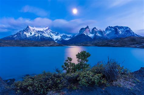 Download Landscape Chile Moon Twilight Night Nature Torres Del Paine 4k