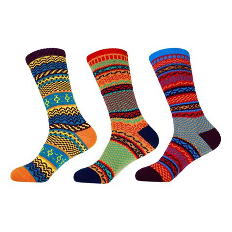 Bamboomn Mens Vintage Style Knitted Colorful Cotton Crew Socks 3b M Size M 3 Prs