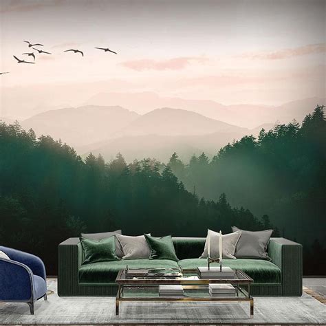 Custom Size Wallpaper Mural Foggy Green Mountain Landscape ㎡