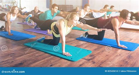 Adults Having Yoga Class In Sport Club Stock Photo Image Of Inside