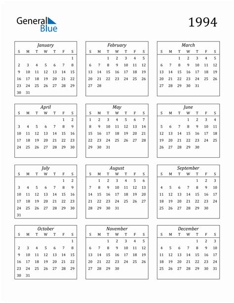 1994 Blank Yearly Calendar Printable