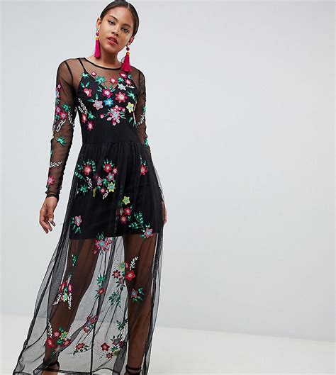 Lyst Asos Premium Mesh Maxi Dress With Floral Embroidery In Black
