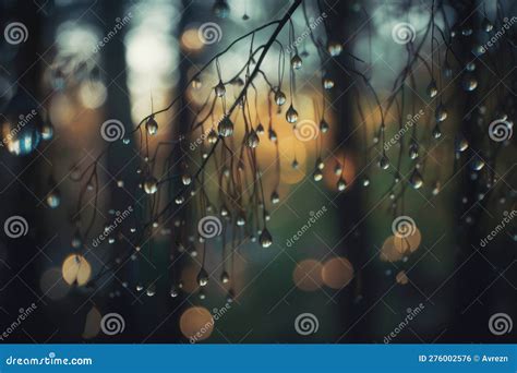 Serene Nature Rain Drops On Blurred Tree Branches Generative Ai Stock