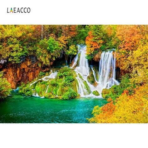 Laeacco Autumn Forest Trees Waterfall Landscape Photography Background