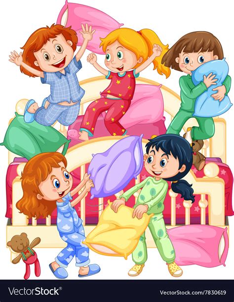 Girls Playing Pillow Fight At Slumber Party Vector Image