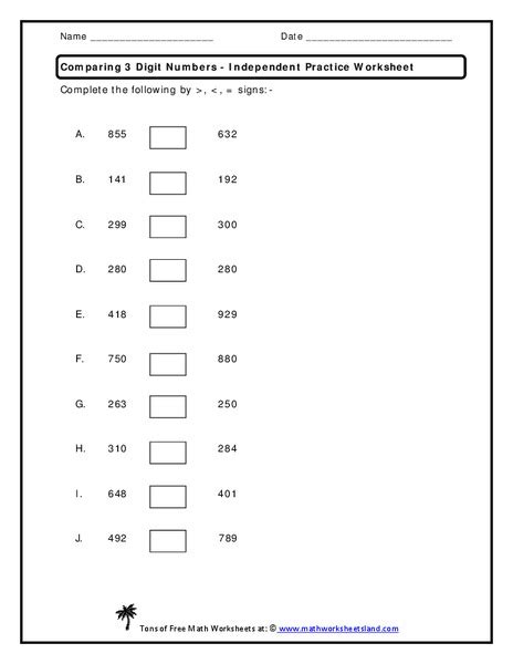Comparing 3 Digit Numbers Worksheet For 1st 2nd Grade Lesson Planet