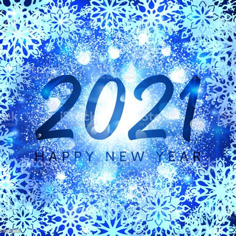 Happy New Year 2021 Banner On Blue Glittering Snowflakes Background
