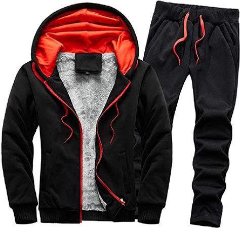 Men Sweat Suit Fleece Lined Zip Front Hoodies Coat Sweatpants Sports