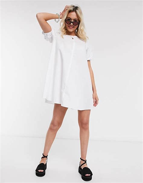 Asos Design Cotton Trapeze Mini Smock Dress With Ruched Sleeves In