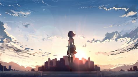 Wallpaper Alone Anime Girl Cityscape Anime Girl Blue Sunset
