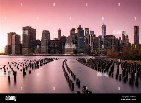 East River Lower Manhattan Skyline From Brooklyn High Resolution Stock