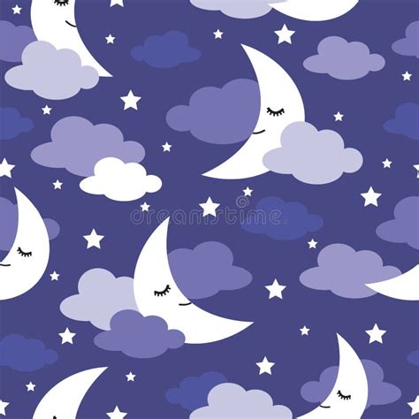 Seamless Pattern Sleeping Moons Clouds And Stars Vector Illustration