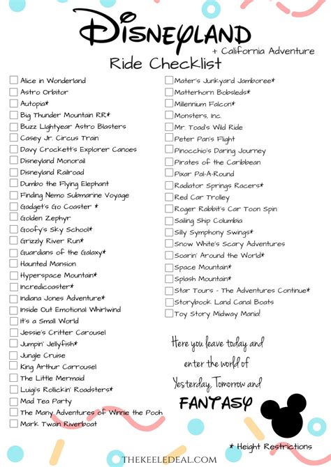 Disneyland Ride Checklist Free Printable Disneyland Rides