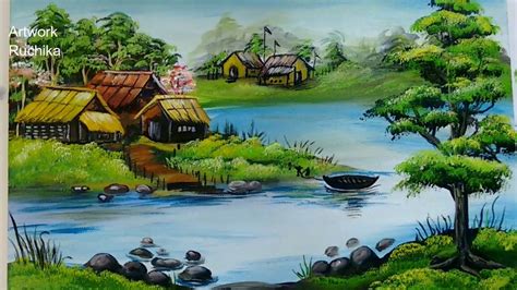 Village Scenery In Beautiful Landscape Acrylic Painting