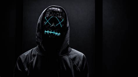 Neon Mask Wallpaper 4k Man In Black Dark Background