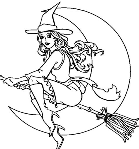 A Beautiful Witch On Her Magic Broom In Halloween Coloring Sheet