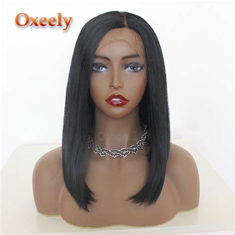 Oxeely Short Black Hair Synthetic Lace Front Wigs Bob Yaki Straight