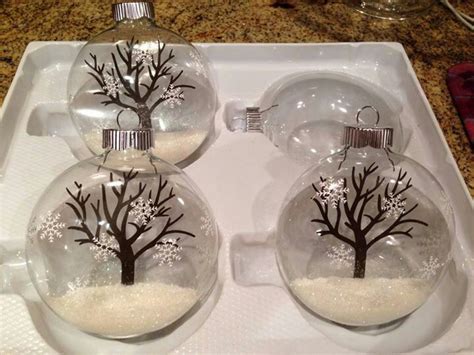4 Glass Ornament Balls With Floating Tree Inside Vinyl Snowflakes On