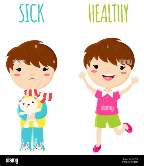 Sick Sad Little Boy In Pajamas With Toy And Cheerful Healthy Jumping
