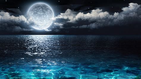 Luna Llena Mar Azul Nubes Noche Hermoso Paisaje Natural 1242x2688