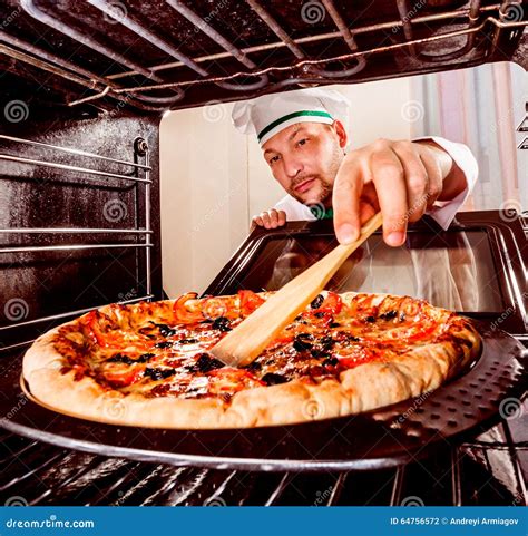 Chef Cooking Pizza In The Oven Stock Photo Image Of Cook Ingredient